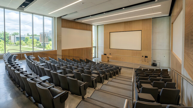Modern university lecture hall with wooden paneling, empty auditorium with tiered seating, contemporary college classroom for academic seminars
