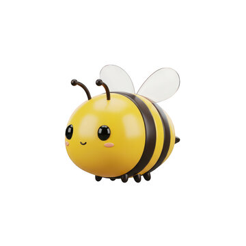 Cute cartoon honey bee 3d character with yellow and black stripes and white wings.