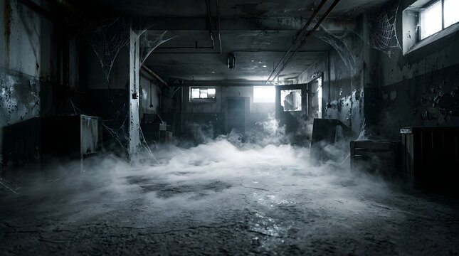 A chilling view of a decaying abandoned basement filled with thick swirling fog and intricate cobwebs stretching across the dark damp concrete pillars and walls