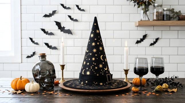 A festive Halloween tabletop setup featuring a celestial witch hat, skull decanter, wine glasses, candles, and paper bats against a white subway tile kitchen backdrop.