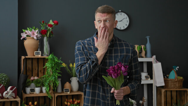 Man florist in plaid shirt holds purple tulips, left hand grasps stems while right hand covers mouth, floral shop shelves and clock visible in studio; surprise apology.