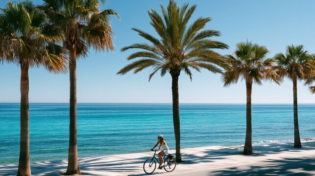 Cyclist riding along a beautiful seaside promenade with turquoise sea, palm trees and clear blue sky. Summer vacation atmosphere, freedom, adventure and active travel lifestyle.