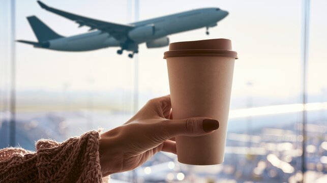Close-up of a hand holding a takeaway coffee cup near a panoramic airport window with an airplane taking off in the background. Authentic travel lifestyle with natural daylight.