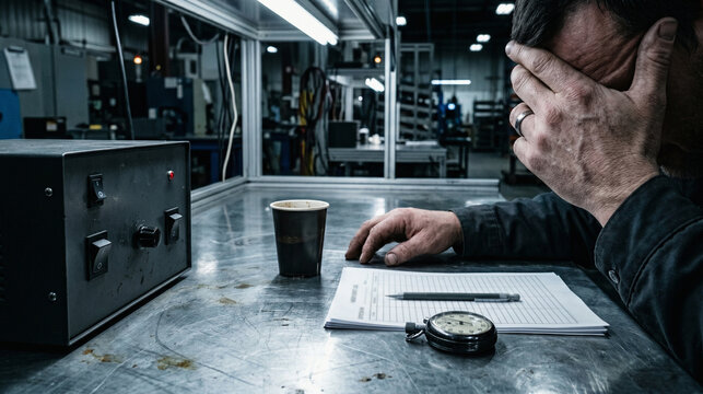 Night Shift Exhaustion Gesture During Factory Inspection With Iced Coffee