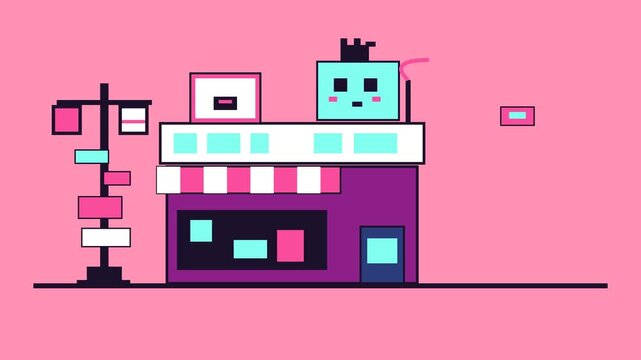 Pixel Art Storefront with Cute Character and Street Sign.