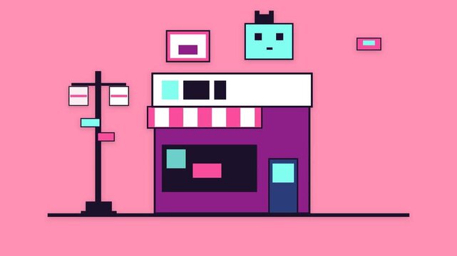 Pixel Art Storefront with Cute Robot Character Above.