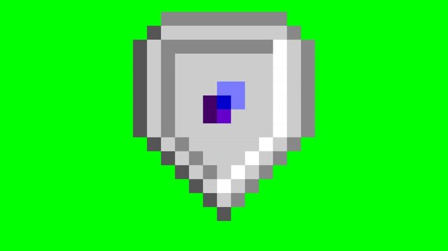 Pixelated Shield Icon with Abstract Shapes on Green Screen Background.