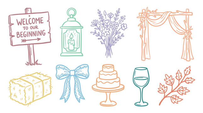 Beautiful hand drawn rustic wedding and celebration elements collection featuring a welcome sign, lantern, flowers, arch, cake, and hay bale.