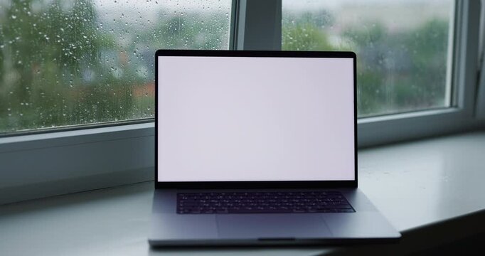 Workplace at home with empty screen mockup laptop computer near window in rain