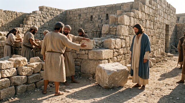 Jesus standing with man builder while constructing stone wall. Historical scene of manual labor in ancient city. Religious concept of work and faith. Biblical figure and craftsman.