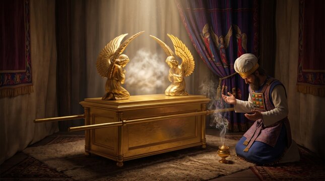 Hebrew high priest praying before the Ark of the Covenant inside the Tabernacle. Biblical scene of worship with golden cherubim and incense for religious history and faith concept.