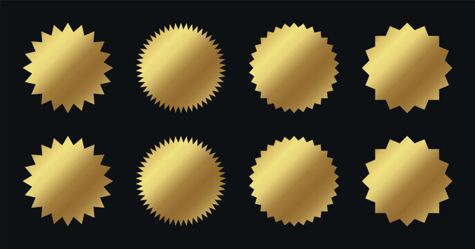 Collection of glossy gold seal badges with varied serrated circular shapes, premium award labels, certification emblems, elegant metallic vector design for branding, packaging, promotions, templates