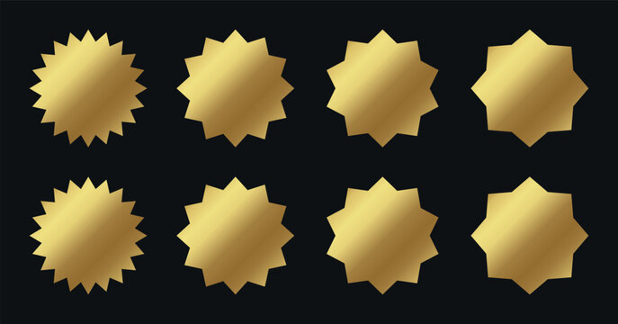 Set of gold polygon badges with geometric edges and metallic finish, modern premium seals for branding, product packaging, certificates, promotional labels, elegant vector collection design