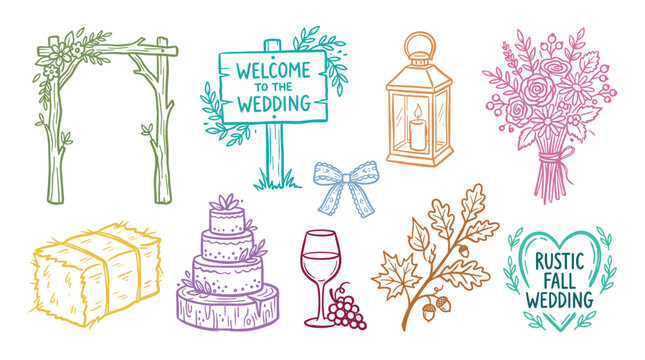 Rustic wedding elements collection featuring hand-drawn illustrations of an arch, welcome sign, lantern, cake, bouquet, and fall decor.