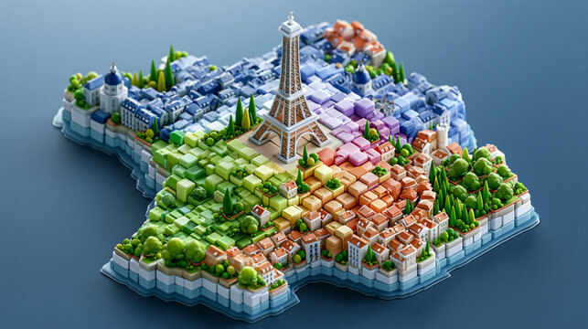 3D isometric map of France with famous landmarks and monuments travel and tourism concept illustration