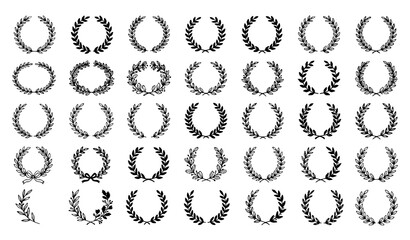 Hand drawn laurel wreath vector set with outline and silhouette floral frames © MdAriful