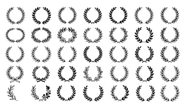 Hand drawn laurel wreath vector set with outline and silhouette floral frames
