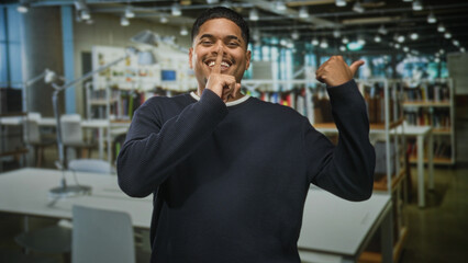 Hispanic man points thumb over shoulder and finger to lips while standing amid bookshelves in library  playful confidence. © Krakenimages.com