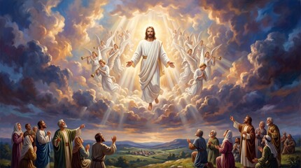 Fototapeta premium Jesus Christ ascending to heaven surrounded by angels with trumpets. People looking up from earth in prayer. Biblical religious scene of the ascension. Faith and spiritual hope concept.