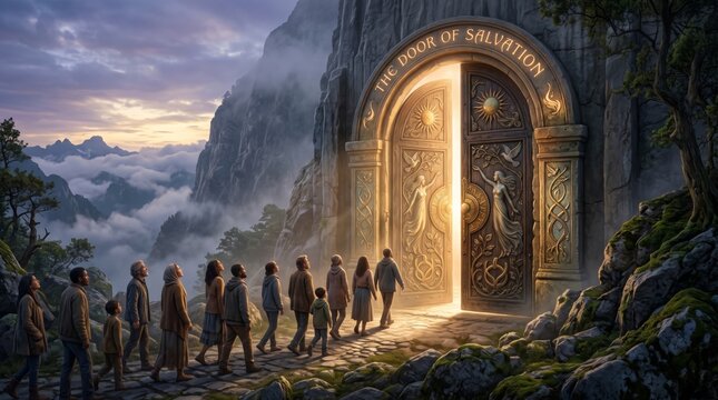 Group of man, woman and child walking toward a glowing door in mountain stone. Religious concept of salvation and afterlife. Spiritual journey and pathway to enlightenment in bright light.