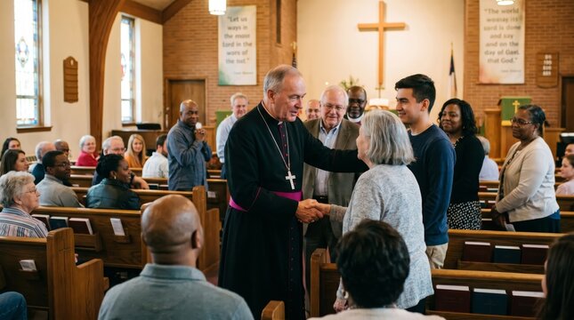 Bishop shaking hands with woman in church during mass. Clergyman greeting parishioners after sermon. Community gathering, religious service and faith concept. Christian lifestyle.