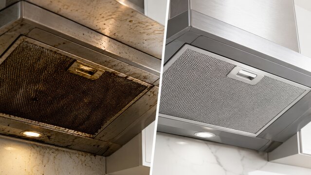Dirty greasy range hood filter versus new clean kitchen extractor filter