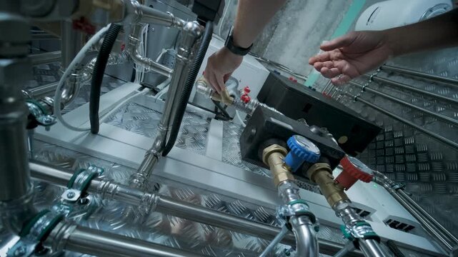 HVAC Technician Adjusting Heat Pump and Boiler System in Modern Mechanical Room
