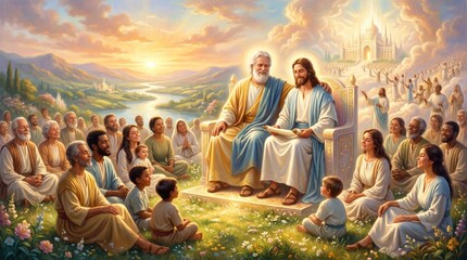 Fototapeta premium God and Jesus sitting on throne with crowd of people in heaven. Concept of divine presence, salvation and afterlife spirituality. Scene inspired by religious art and biblical narrative.