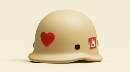 Fototapeta premium A matte helmet features a heart sticker and a safety first icon set against a cream backdrop showcasing its design in soft clay.