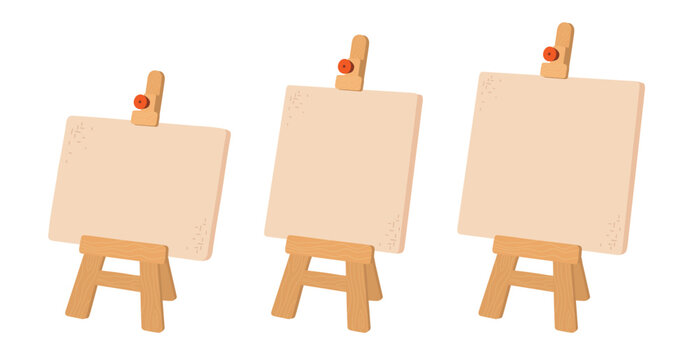 Three blank canvases on wooden easels for art displays. Vector illustration isolated.