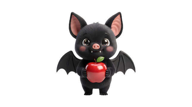 Adorable cartoon bat character holding a shiny red apple isolated on transparent background for graphic design projects