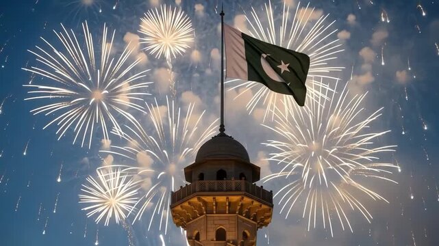 Fireworks display over a tower with the pakistani flag