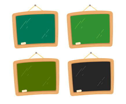 Four blank blackboards with wooden frames and chalk. Vector isolated illustration.