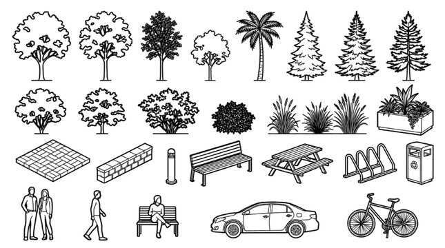 Landscape architecture elevation symbols and isometric park vector icons