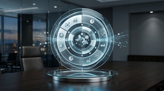 Futuristic Circular Data Diagram Representation Concept Graphic Elegant Monochrome Technological Interface with Dimensional Analytical Infographic for Executive Summaries and Annual Strategy