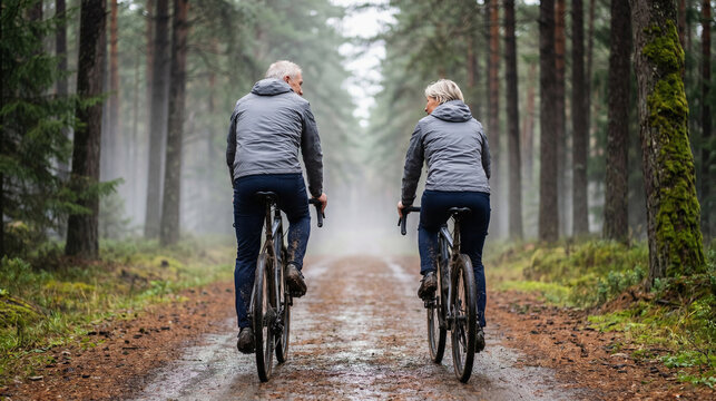 Mature Cyclists Pedaling a Forest Gravel Road After Fresh Rain