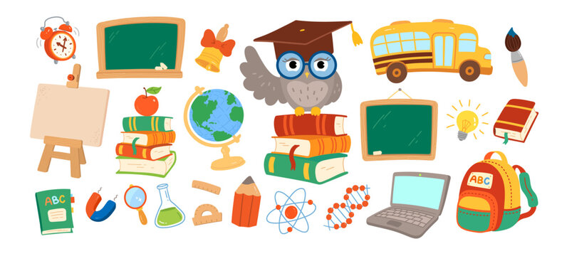 Colorful school and education icon collection with books, bus, owl, globe, and supplies. Vector isolated illustrations.