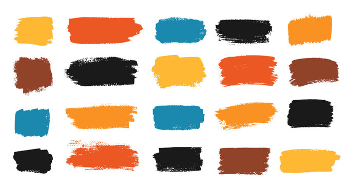 Colorful grunge brush stroke banners set. Vector illustration of isolated paint daubs in orange, blue, black, brown and yellow.