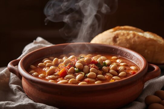 Steaming fasolada rests in rustic clay dish beside crusty bread in warm light