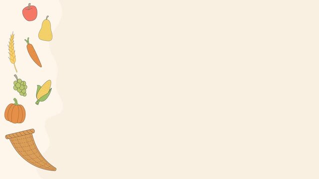 Seamless looping background animation of a swaying cornucopia basket filled with harvest fruits and vegetables with wide beige cream text copy space area. Flat style concept design