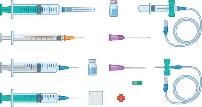 Medical Injection Equipment Collection with Syringes, Needles, Vaccine Vials, IV Cannulas, and Healthcare Supplies on White Background Vector Set