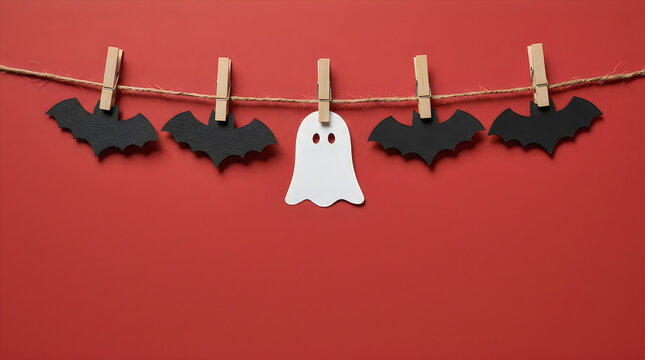 Halloween garland with paper cutouts of black bats and a white ghost is suspended by clothespins on a jute string against a vibrant red backdrop.