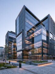 Fototapeta premium Modern Minimalist Office Complex with Towering Glass Facades and Outdoor Landscaping at Dusk