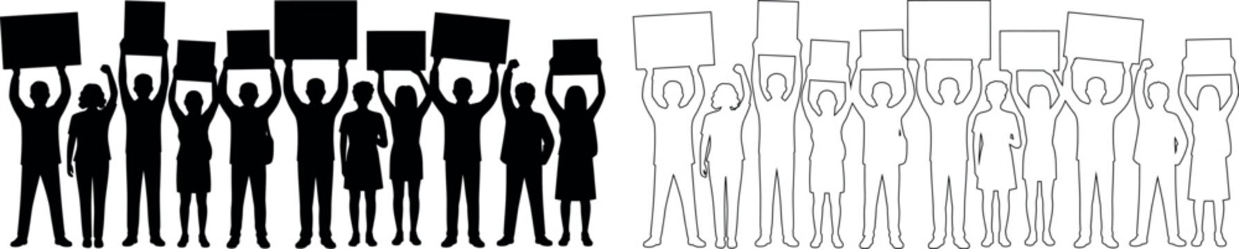 Diverse group of people holding blank signs in a silhouette and outline format