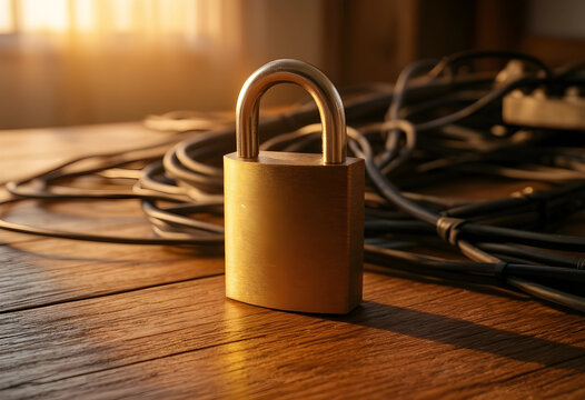 golden padlock on wooden table with cables in warm light