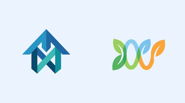 Two abstract logos on a light background, one resembling a blue geometric house and the other a green DNA strand with leaf shapes, both centered side by side.