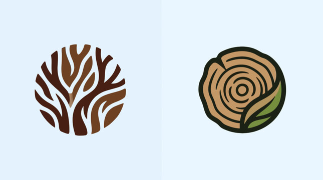 Two circular wood-themed illustrations on light blue background, left resembles tree branches, right resembles a tree trunk cross-section with a green accent.