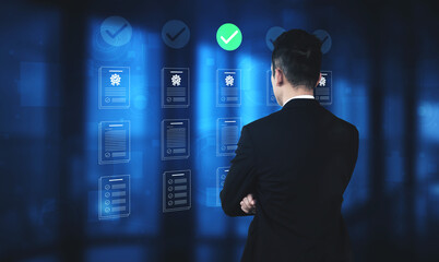 A business professional stands confidently while analyzing digital documents on a virtual interface, showcasing checkmarks and a modern technological background. Cyphers © InfiniteFlow