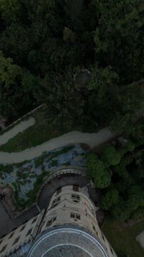 Vertical video overhead view down onto a tower of Marienburg Castle