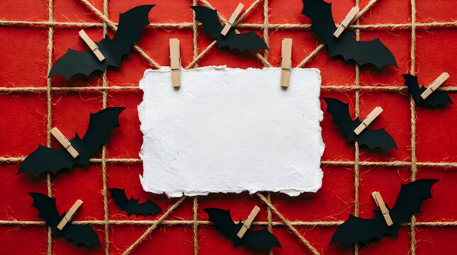 A small, blank white paper note, secured by two miniature clothespins, is centrally positioned within a grid of twine and surrounded by numerous black paper bat cutouts on a textured red background.